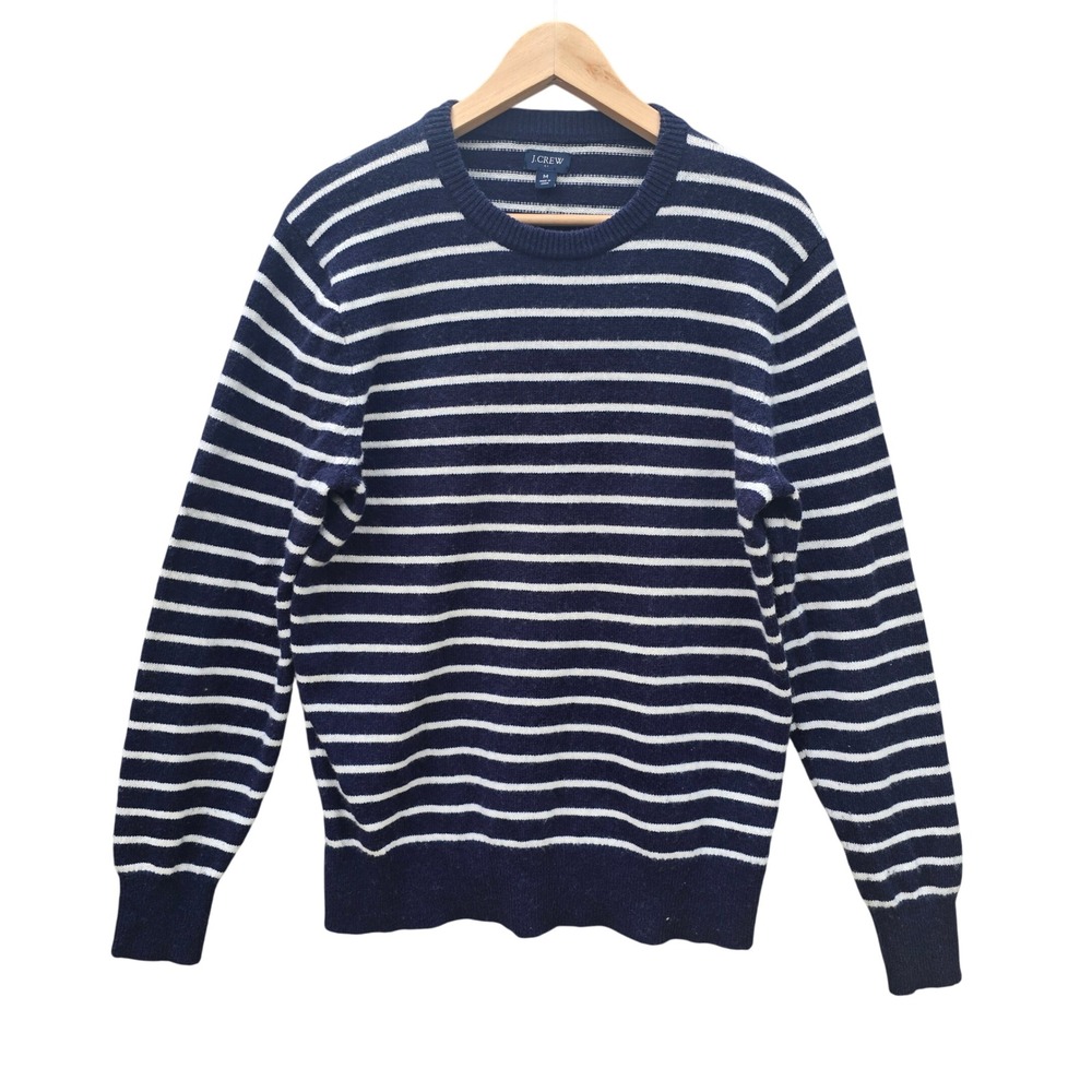 J. Crew Factory Mens Striped Wool Blend Sweater Crew Neck Navy Blue White Medium